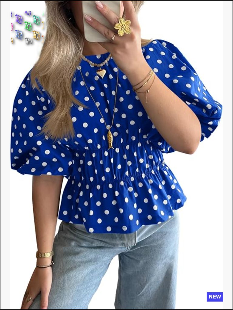 Polka Dot Peplum Top Puff Sleeve Round Neck Blouse Trendy Casual Summer Shirt